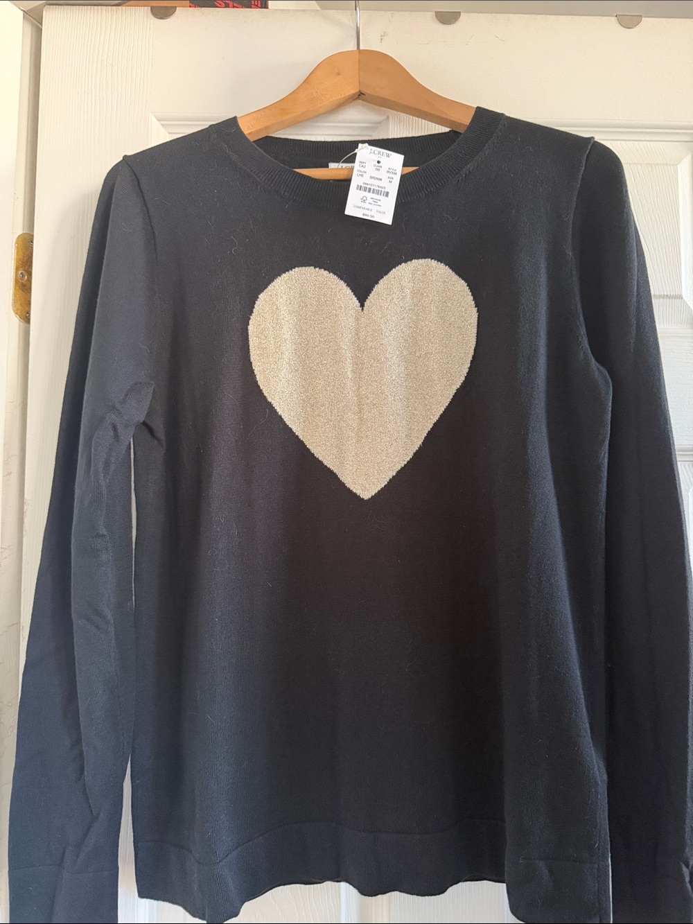 J. Crew Black Sweater with Cream Heart Motif
